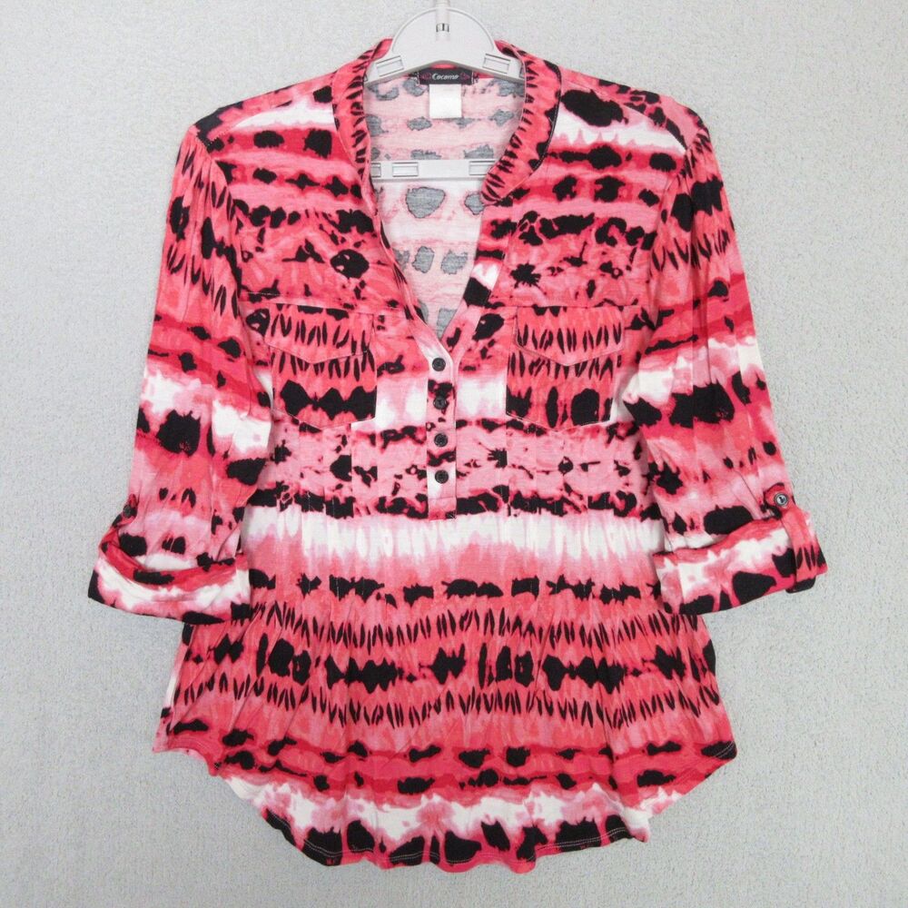 Cocomo Blouse Womens S Pink Tie Dye Tunic Roll Tab Sleeve Button V-Neck
